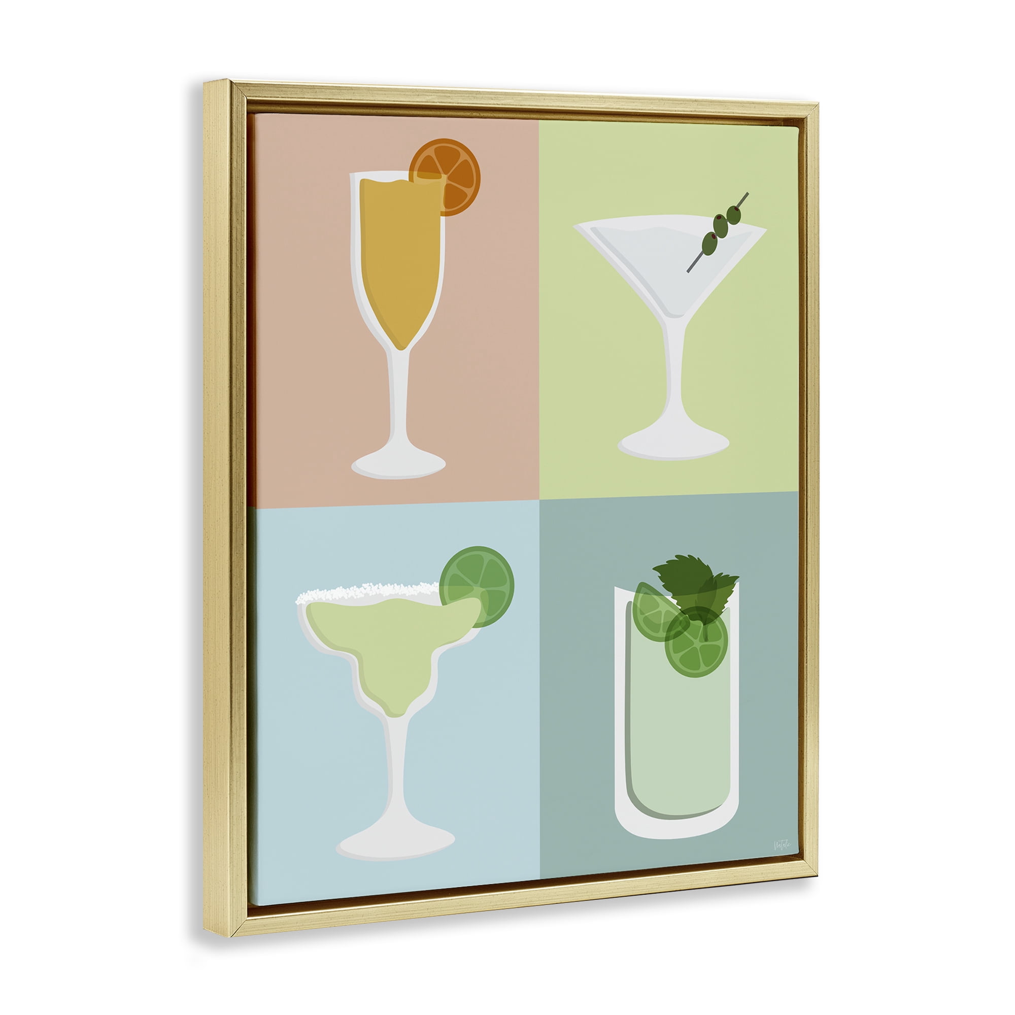 Stupell Industries Pastel Bar Cocktails Food & Beverage Painting Gold Floater Framed Canvas Art Print Wall Art, 17 x 21