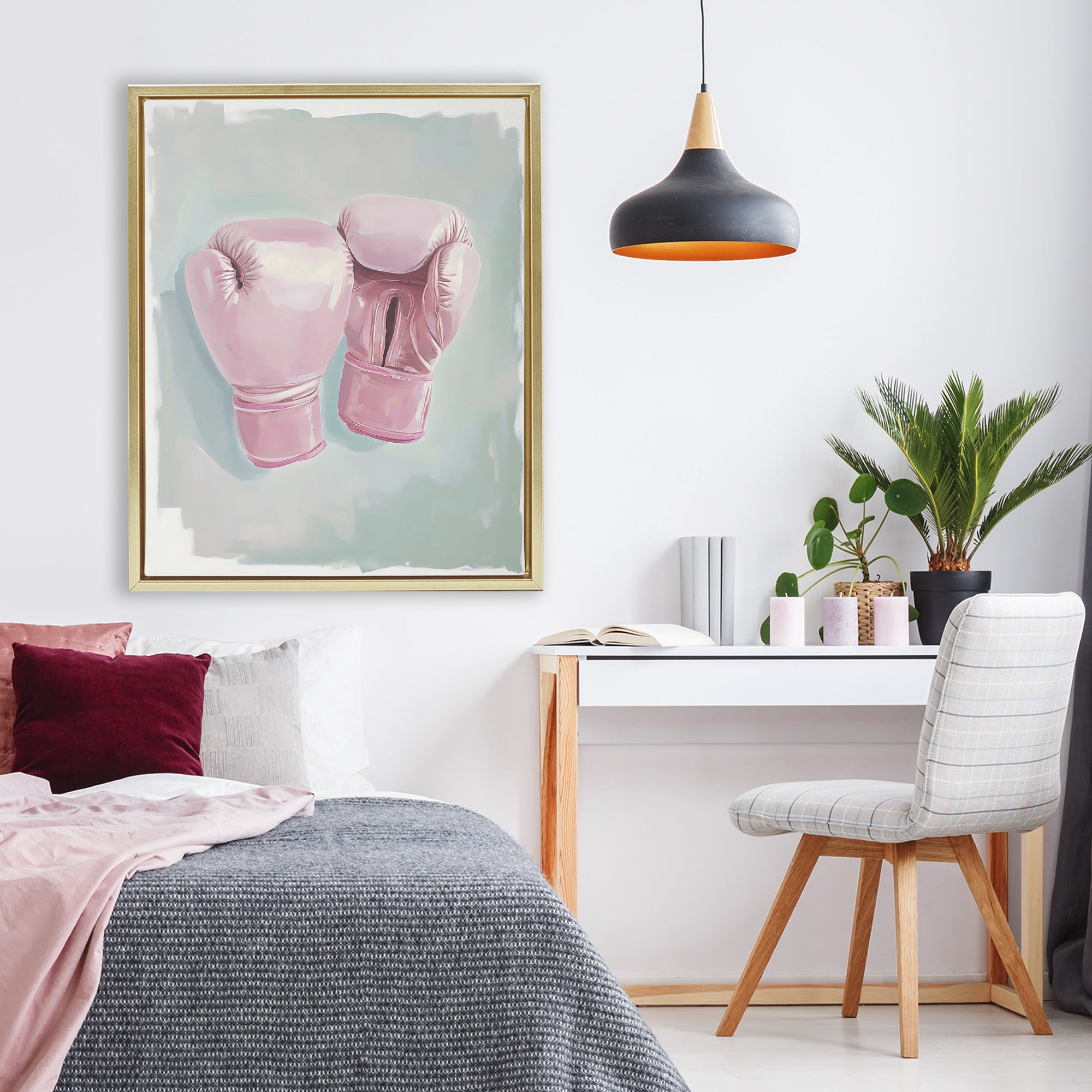 Stupell Industries Feminine Pink Boxing Gloves Gold Framed Floater Canvas Wall Art, design by The Prints Vibe