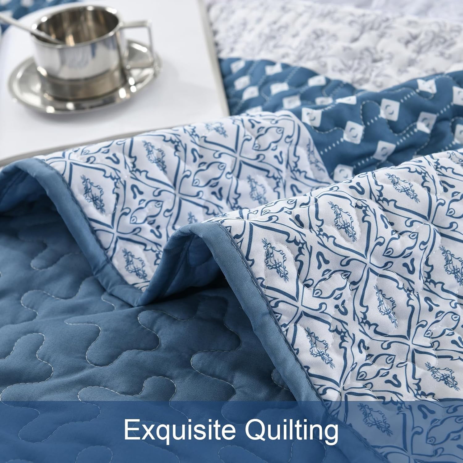Blue Quilt King Size Bohemian Stripe Quilt Sets 3 Pieces Bedspread Set All Season (104"x90")