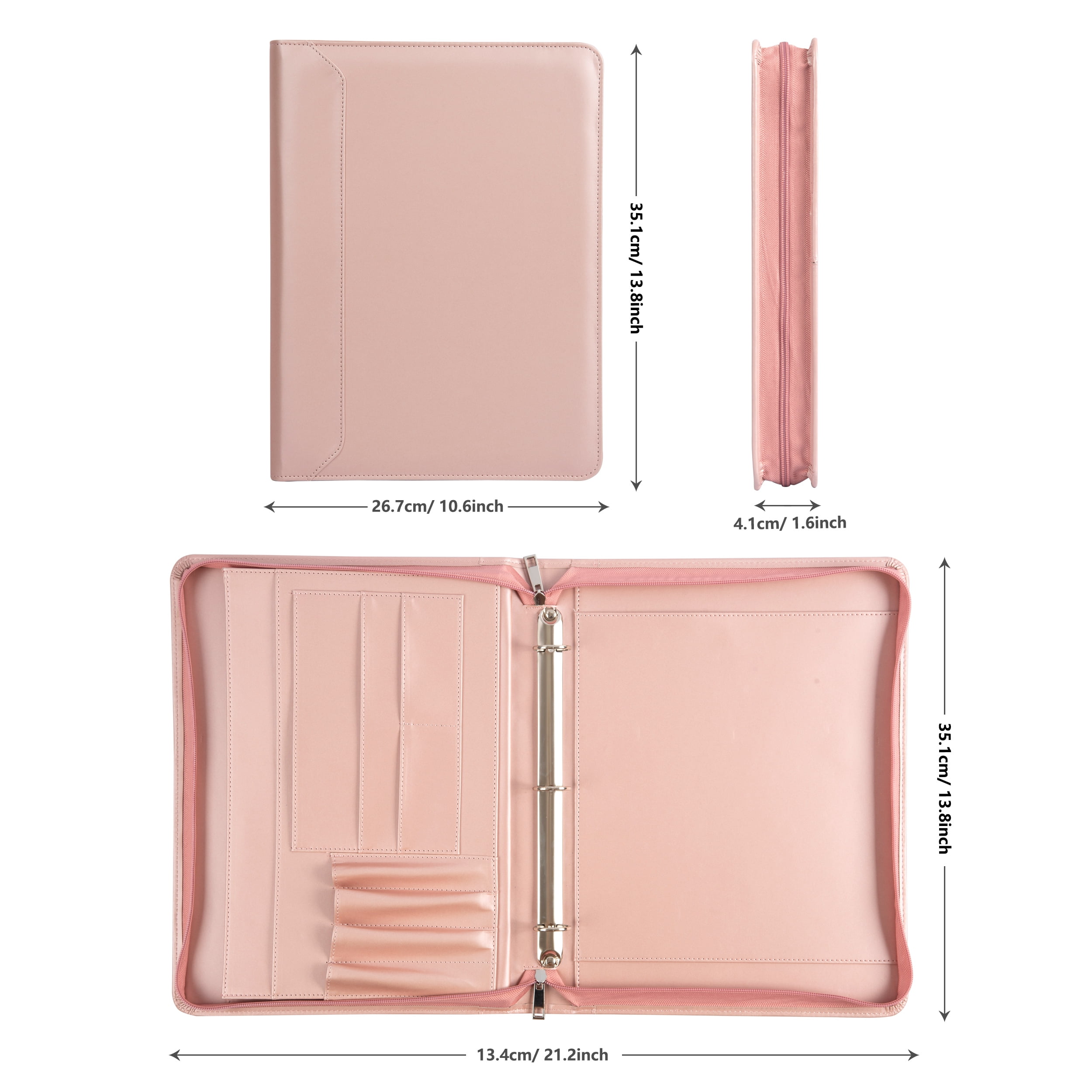 LeatherBelief Portfolio 3 Rings Binder,Zipper PU Leather Padfolio, Business Organizers with A4 Legal Pads, Gift for Him Pink
