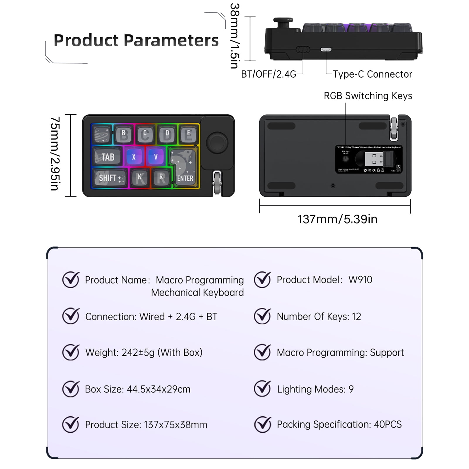 Programmable Wireless Gaming Keyboard Three Mode Connection 2.4Ghz Corded Color Lighting Detachable Keycaps