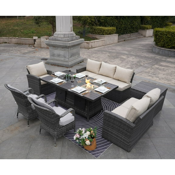 Special 7-Piece Outdoor Furniture Patio Sofa Set with Ice and Firepit Table, Sectional Rattan Conversation Set - Gray