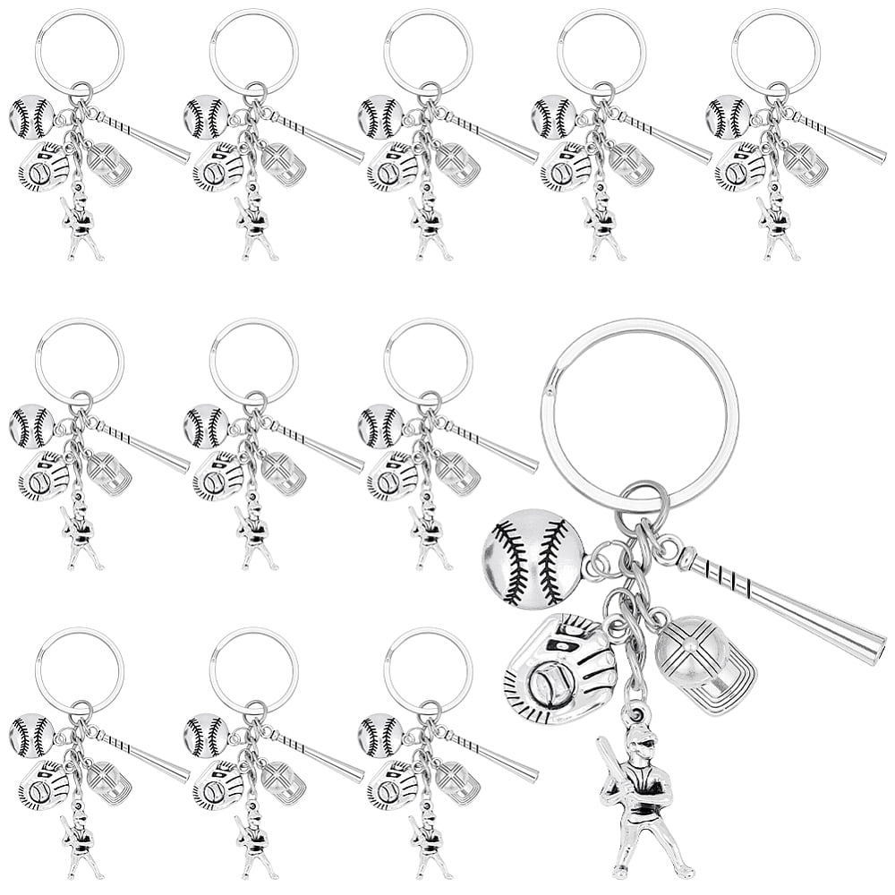 20Pcs Alloy Baseball Player & Baseball Bat & Hat Keychains with Iron Split Key Rings Silver 80mm