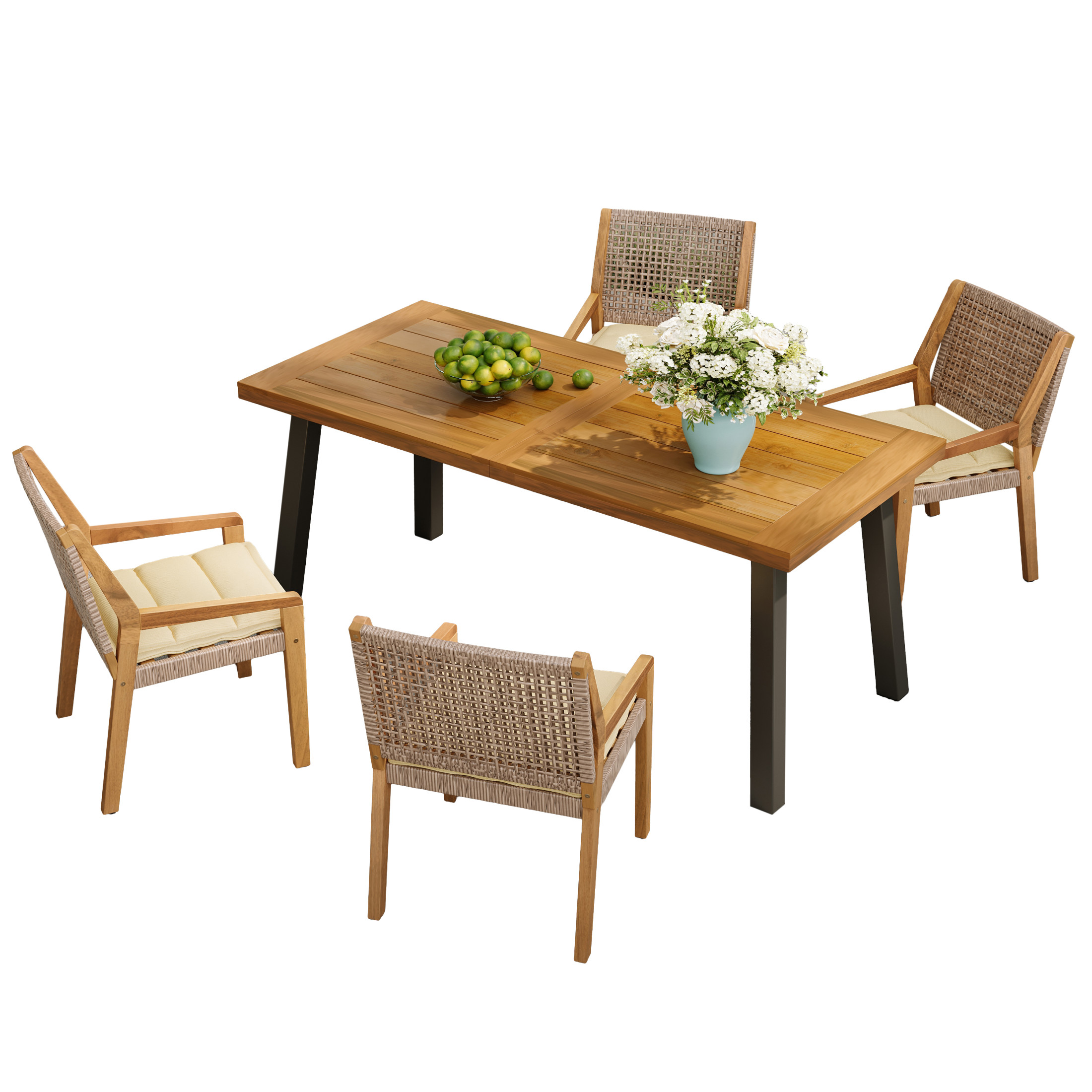 Christopher Knight Home 5-Piece Outdoor Dining Set, 69" Wood Rectangle Table with Wicker Chairs, Cream Cushions