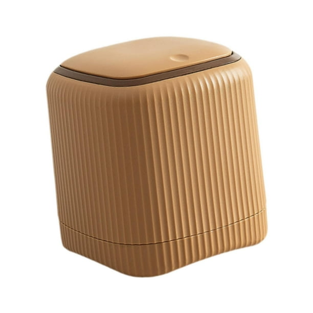 Mini basura de escritorio puede 13.5x13.5x14.5 cm de múltiples usos con tapa de presión tapa pequeña contenedor de reciclaje para de café Marrón
