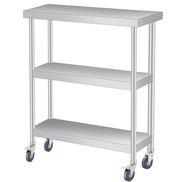 Chariot Utilitaire en Acier Inoxydable pour Meubles de Patio - 14x24x34 Po à 3 Niveaux avec Roues Verrouillables - Table de Préparation Robuste - Résistant à la Rouille pour Cuisine, Restaurant (1 Pce)
