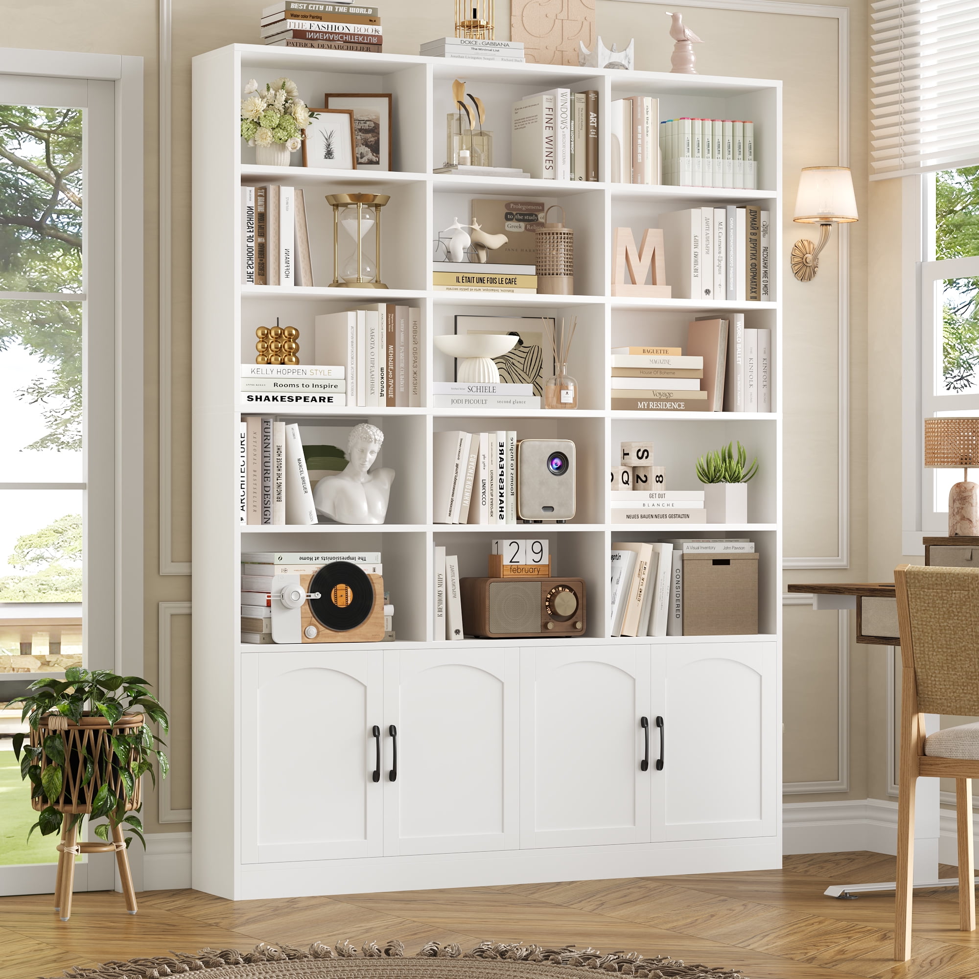 Homfa Triple Wide 5-Tier Bookcase with 4 Doors, 15 Cubes Bookcase with 2 Cabinets for Study Living Room Home Office, White