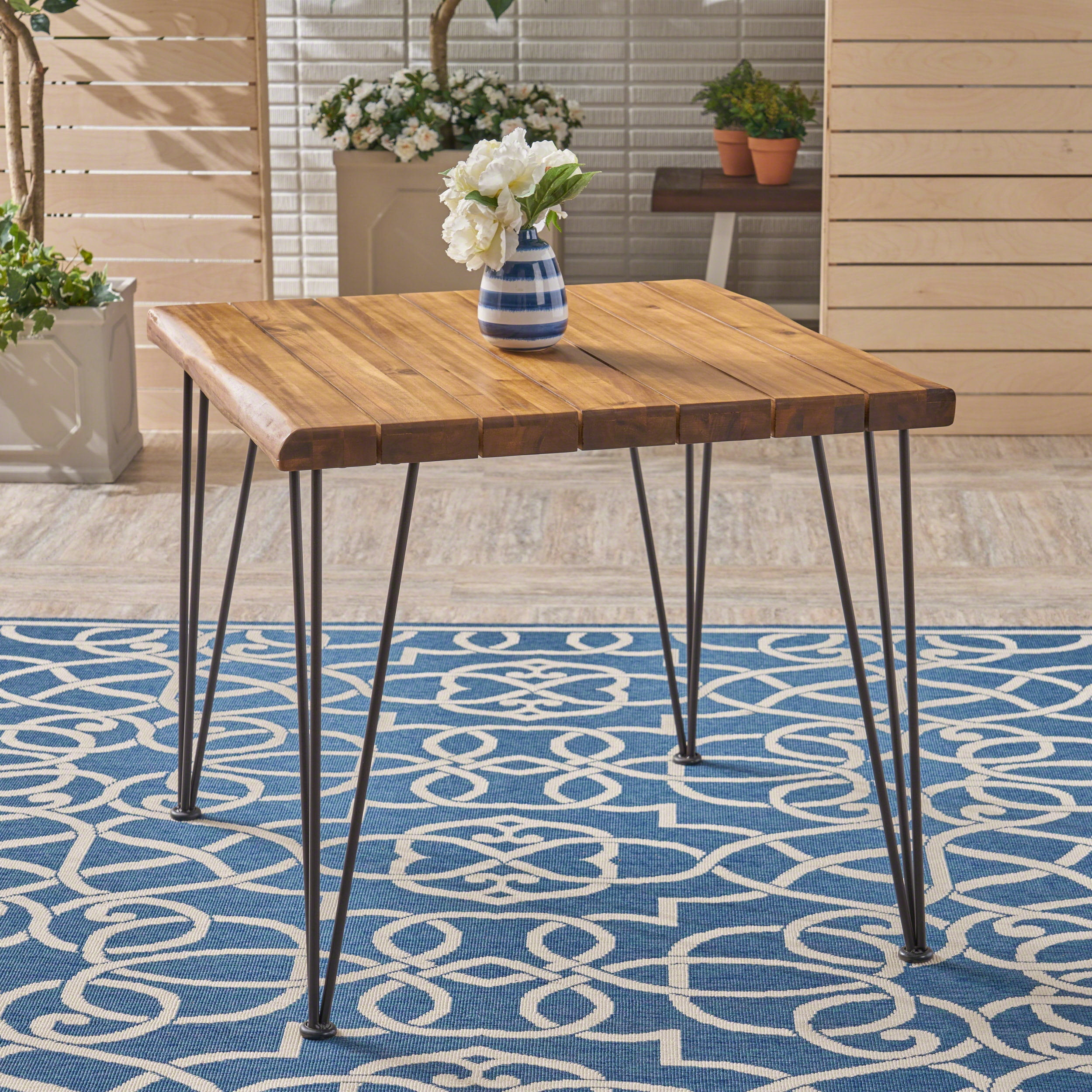 Euroco 32.5" Farmhouse Dining Table for 2, Square Kitchen Table Dinner Table with Metal Legs for Dining Room, Home Office,Teak