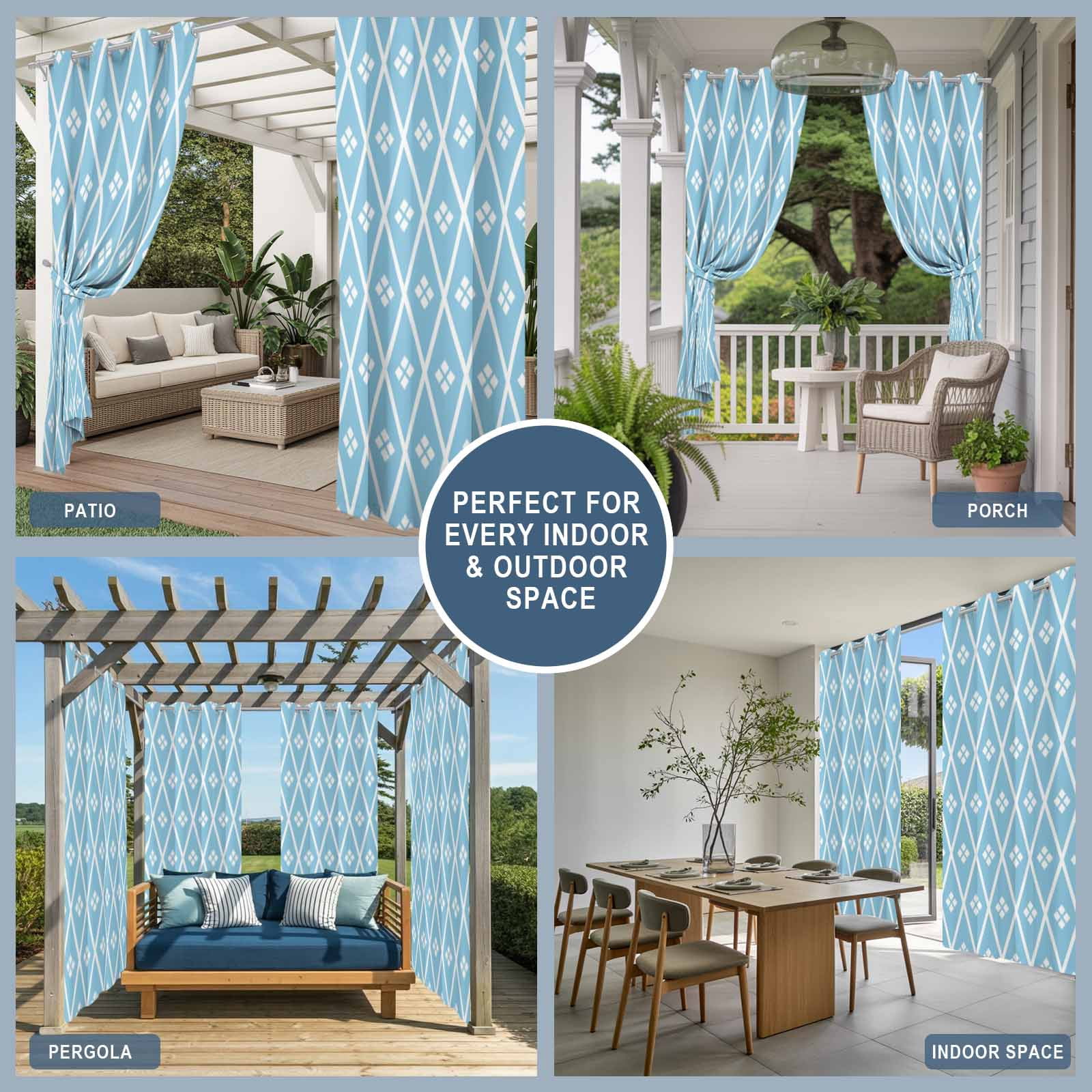 Blue and White Geometric Outdoor Curtains for Patio, Minimalist Argyle Checkered Modern Sunshade Privacy Drapes Grommet Waterproof Outside Curtains for Porch/Cabana/Balcony 54"x 108", 2 Panel