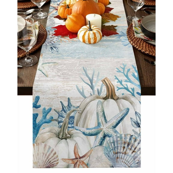Fall Table Runner Thanksgiving Coastal Coral Starfish Shell Table Runners White Pumpkin Wood Cotton Linen Dresser Scarf Kitchen Dining Table Decor for Fall Holiday Party Decor 13x90 Inch