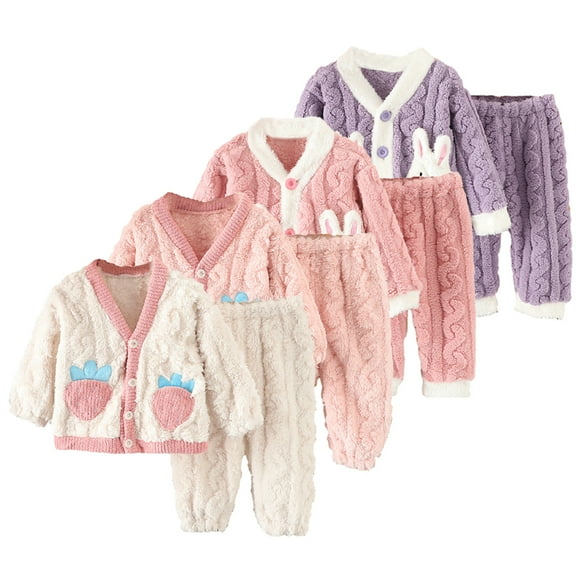 Godderr Kids Toddler Girls Pajamas Outfits 2 Piece Fleece Pajamas Pj Set , 12M-8Y Baby Casual Loungewear New Newborn Long Sleeved V-Neck Thickened Sleepwear Set Outfit