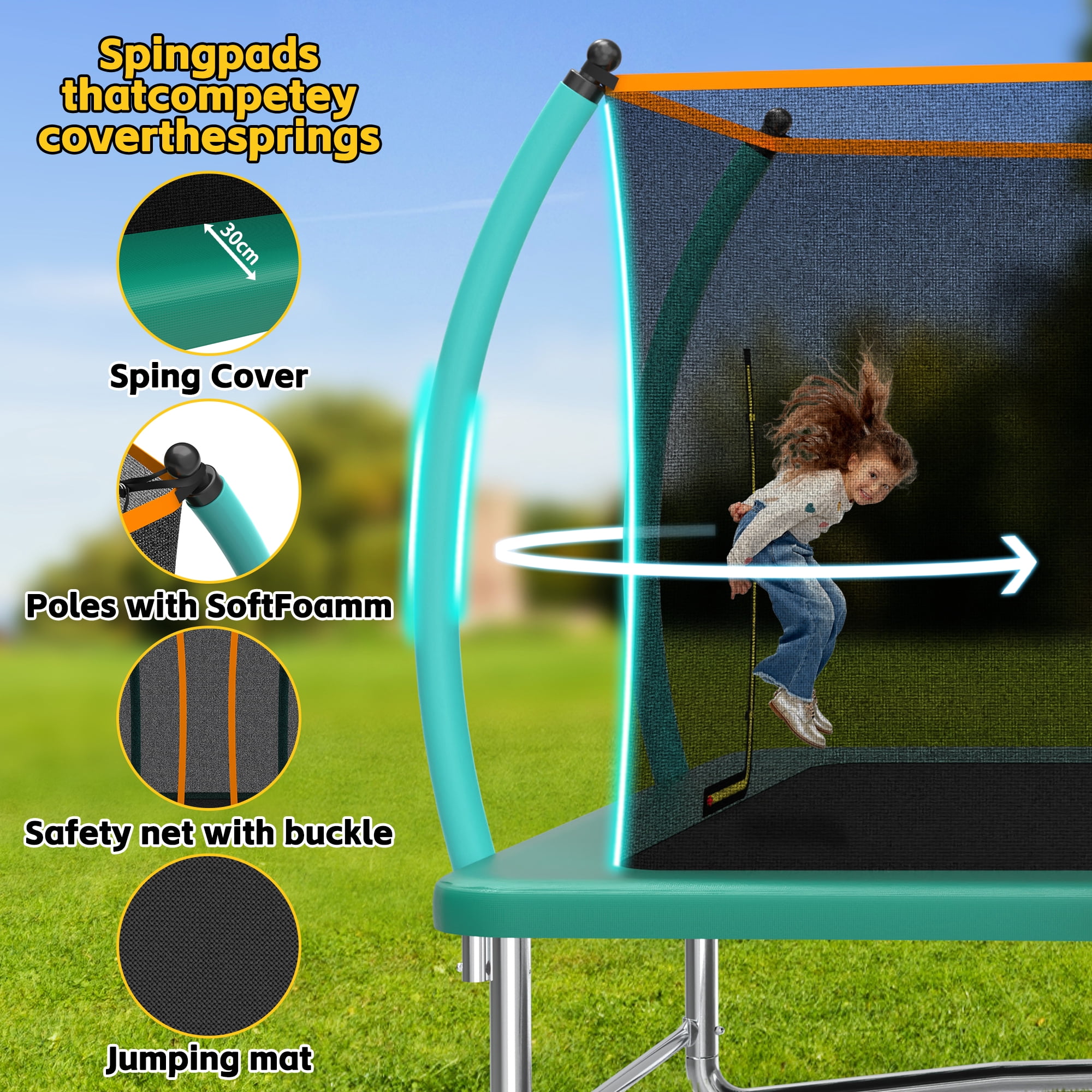 Mersco 8x14FT 4-in-1 Trampoline with Swing Set , Enclosure Net, Recreational Trampoline, Outdoor Kids Trampoline for Backyard, Beach, Birthday Gifts,Green