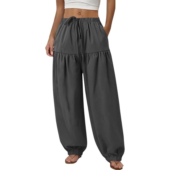 Women's Wide Leg Pants Bundle Foot Elastic Waist Drawstring with Pockets