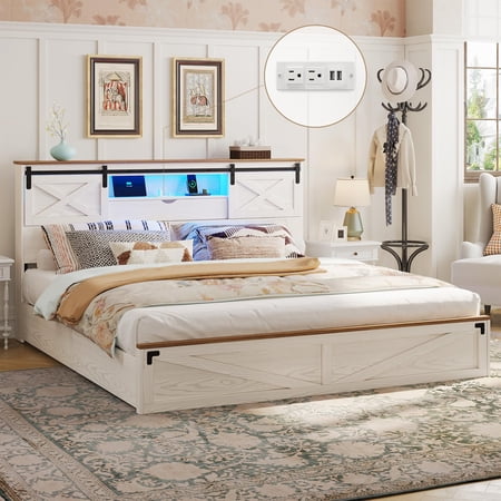 Aunfebrco Farmhouse Bed Frame with 2 Drawers King Size Upholstered Platform Bed with LED Lights & Charging Station & Bookcase Headboard, No Box Spring Needed, White