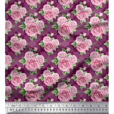 Soimoi Cotton Voile Fabric Check Leaves & Rose Floral Print Fabric by The Yard 42 Inch Wide