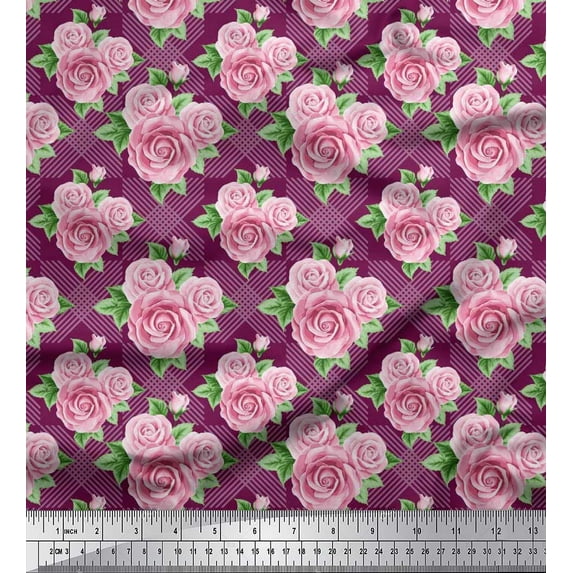 Soimoi Crepe Silk Fabric Check,Leaves & Rose Floral Fabric Prints by Yard 42 Inch Wide