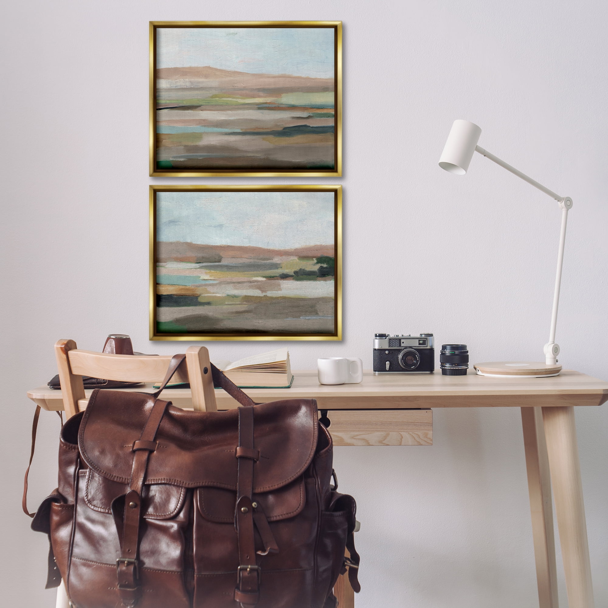 Stupell Industries Neutral Abstract Landscape Landscape & Nature Painting Gold Floater Framed Canvas Art Print Wall Art, 21 x 17, Set of 2