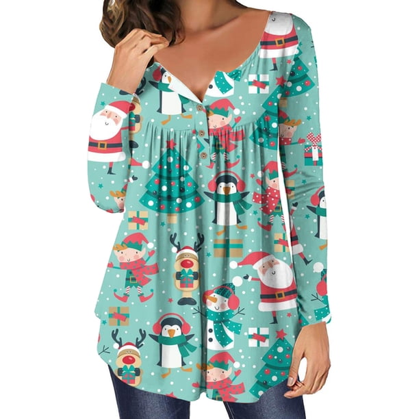 Pntutb Mujer Casual Suelto Cuello Redondo Botón Manga Larga Estampado De Navidad Top Pntutb Pntutb-6263