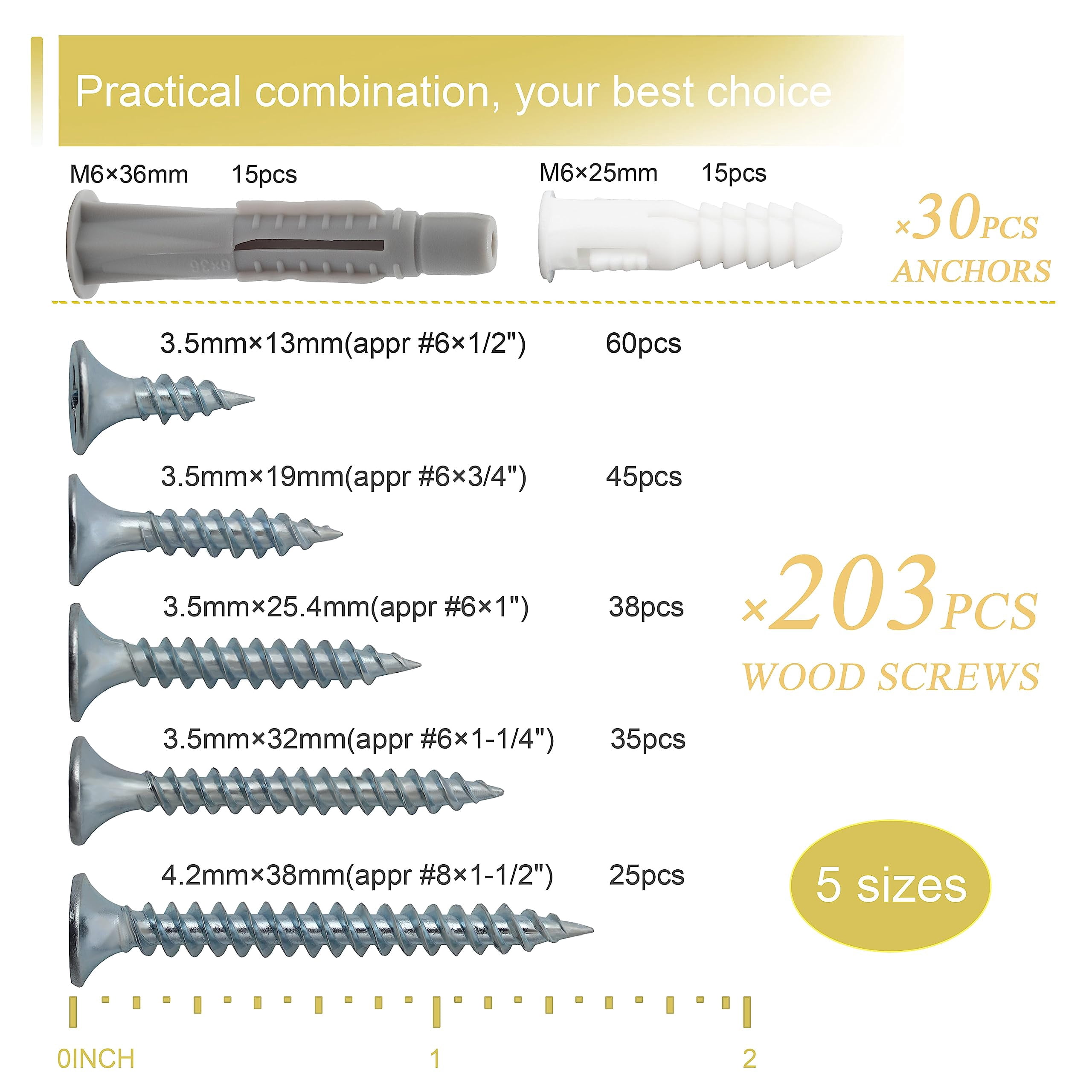 High Hardness Wood Screws Assortment Kit and Plastic Wall Anchors, 203 pcs 1/2" to 1-1/2" Phillips Drive Flat Head Screws & 30 pcs M6 Drywall Anchors