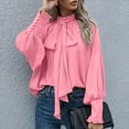 thumbnail image 2 of Women's Bow Tie Neck Shirt Casual Mock Neck Solid Color Tops Tee Long Lantern Sleeve Chiffon Elegant Blouse, 2 of 5