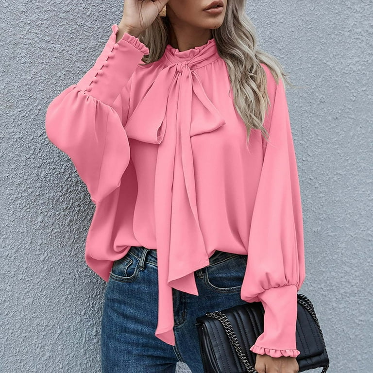 Lantern Long Sleeve Shirts for Women Bow Tie Neck Blouses