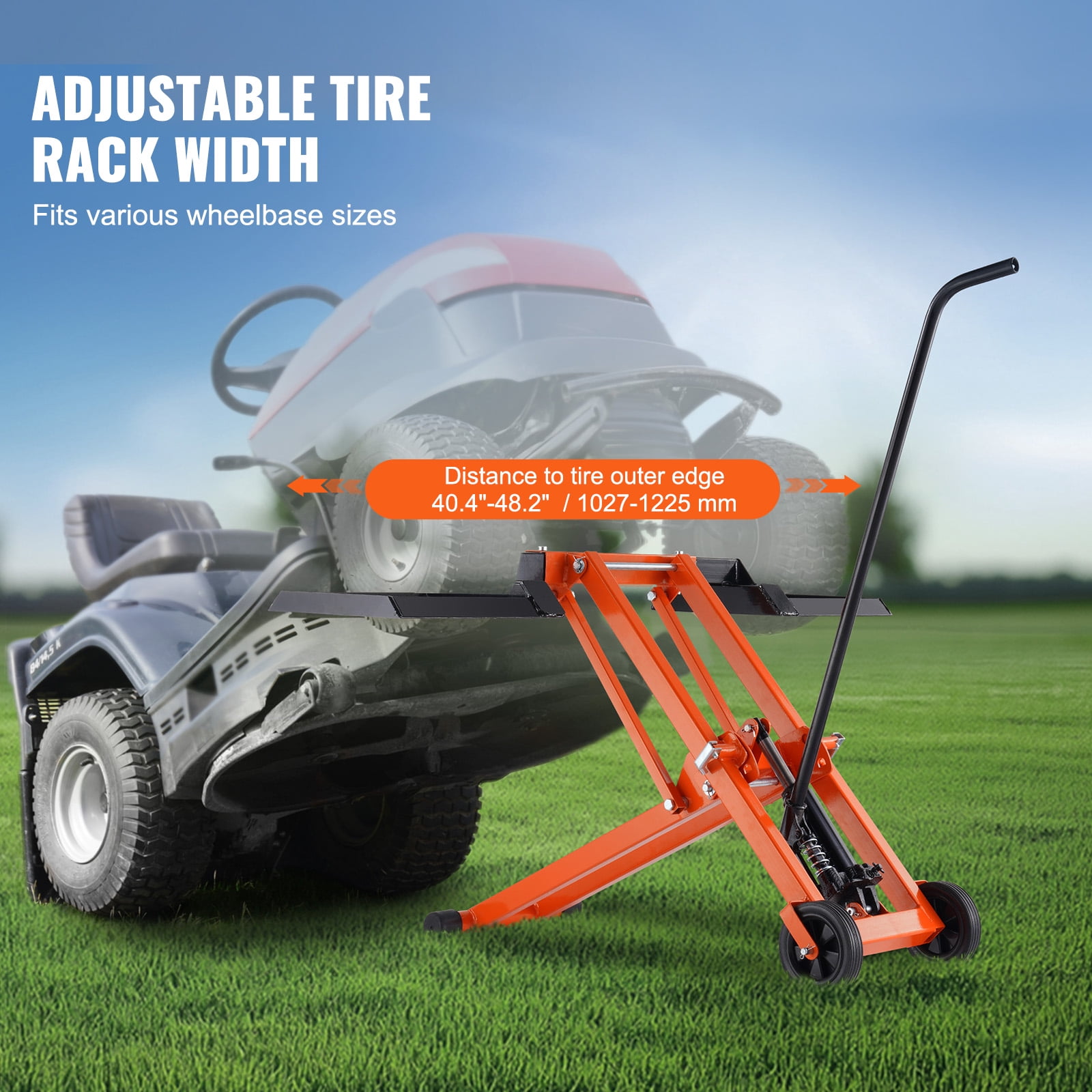 VEVOR Lawn Mower Hydraulic Lift Jack, 500 Lbs Weight Capacity, Carbon Steel Lawn Mower Lift, Adjustable Movable Lawn Lifter for Riding Tractors and Zero Turn Lawn Mowers, Orange