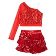 thumbnail image 3 of Alvivi Girls Sequins Long Sleeve One Shoulder Latin Jazz Dance Crop Top with Ruffle Skirted Shorts Red 14, 3 of 7