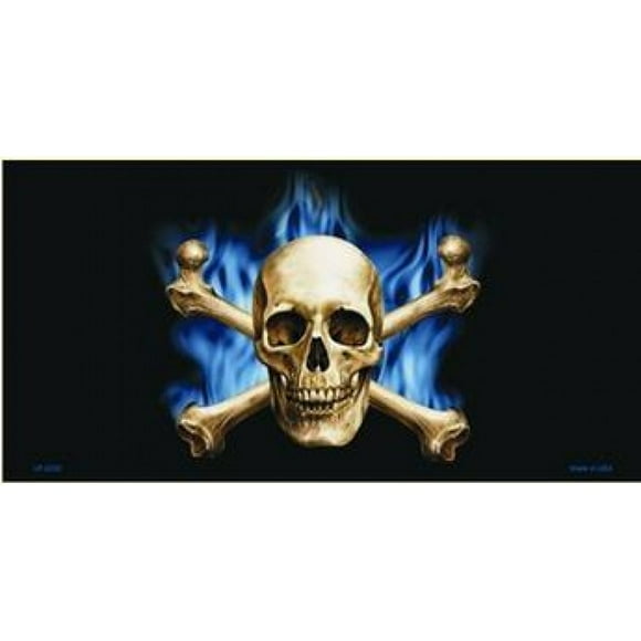 Blue Flame Skull And Crossbones Metal License Plate