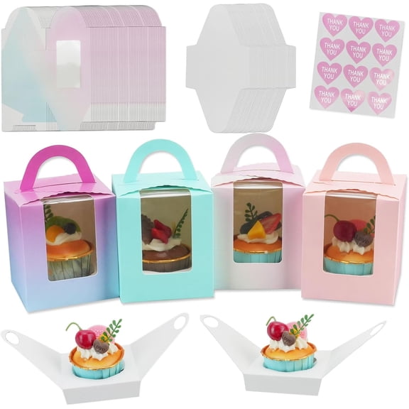 CEYAZYE 20 Pcs Individual Cupcake Boxes with Love Stickers, Single Cup Cake Containers with Window, Handle and Inserts for Wedding, Birthday, Parties(4 Colors)
