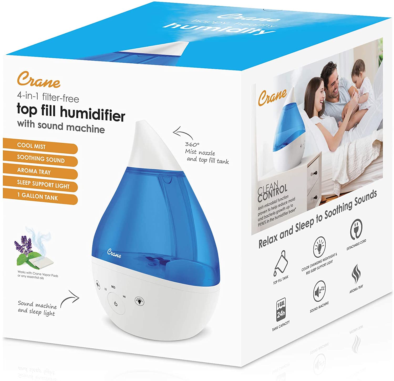 4-in-1 Drop 2.0 Ultrasonic Cool Mist Humidifier with Sound , Night Light, Tray, 1 Gallon Top Fill, Blue & White