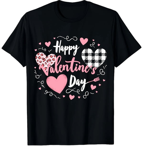 Feliz Día de San Valentín Playera Cuello Redondo Manga Corta con Diseño de Corazones en Leopardo y Cuadros (para Mujer)