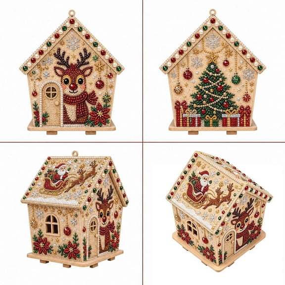 Clearance! Christmas 3D Wooden House Art DIY Kit Relaxing Craft, Holiday Christmas Handmade Pearl Art Kit Decoration Gifts Interactive Handmade Project for Kidults Family Holiday Activity #23