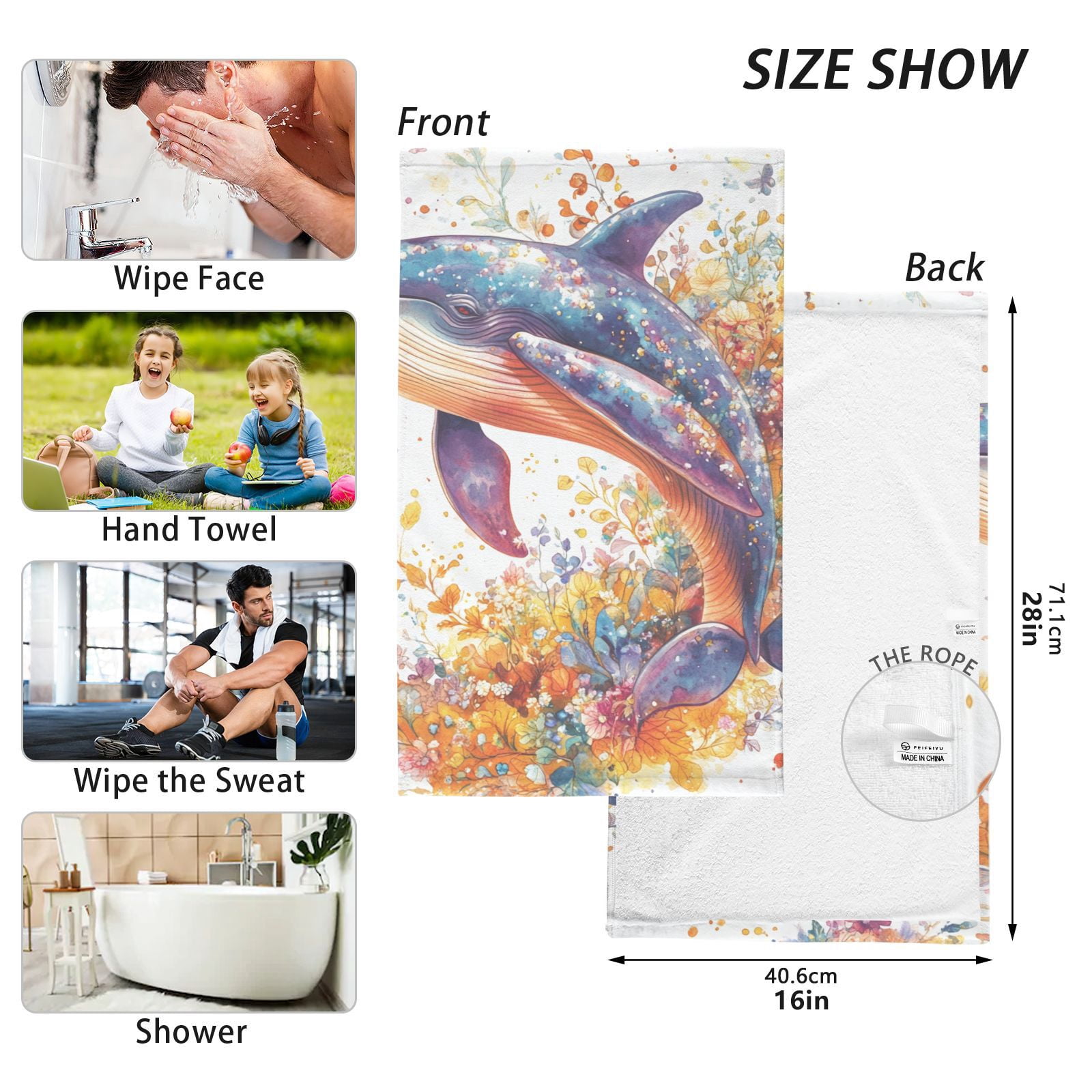 Whale and Flowers Leaves Hand Towels Cotton Bath Towels Large Face Towels Absorbent for Bathroom 2 Packs