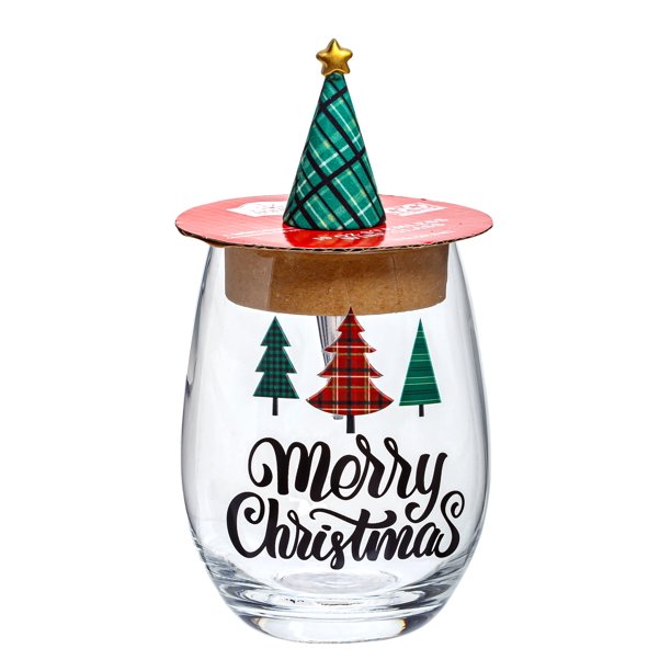 Holiday Time 19oz Merry Christmas Stemless Wine Glass with Green TreeTop Bottle Stopper