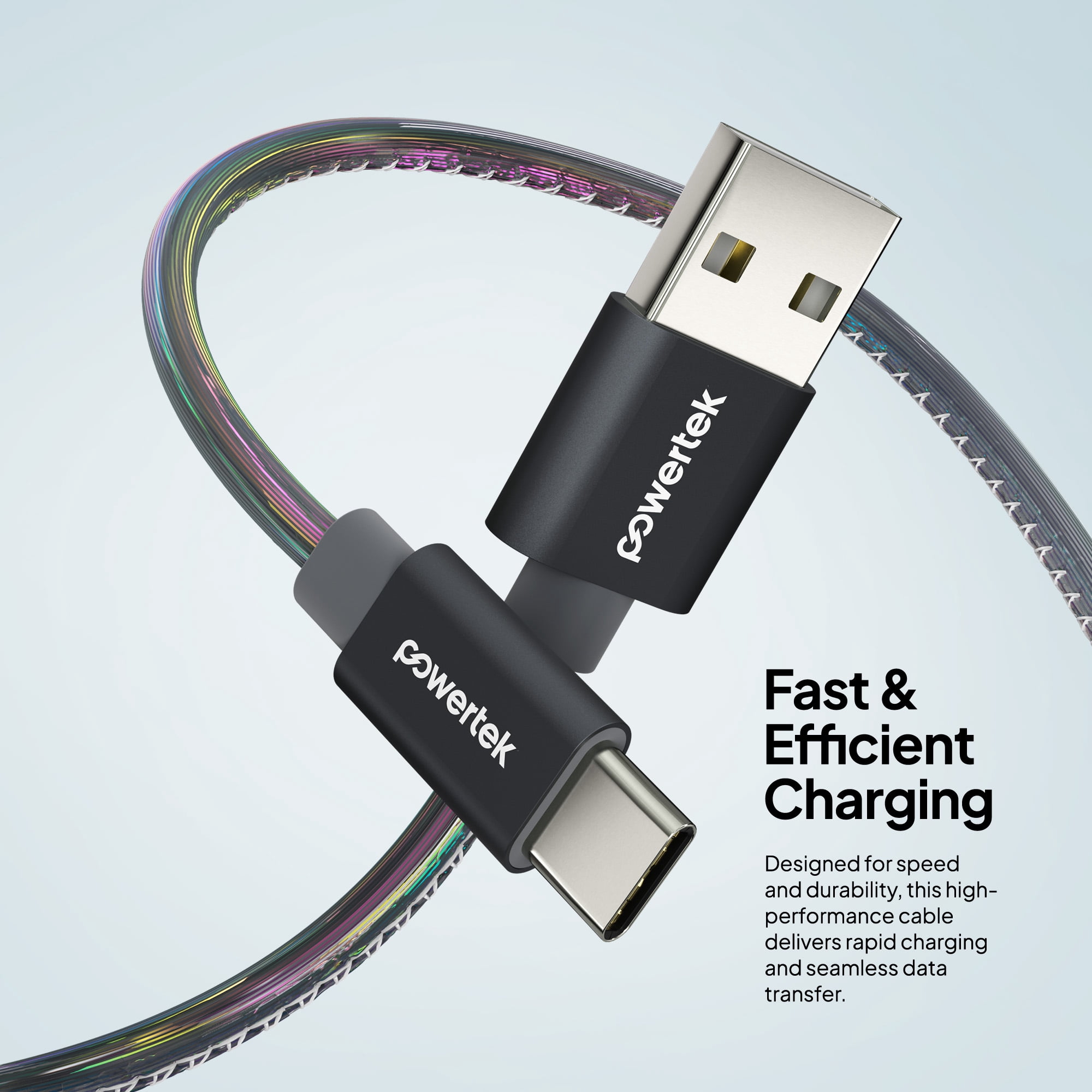 Powertek USB-A to USB-C (Type-C) Metallic Shine Pastel Charging Cable, 6 ft, Black