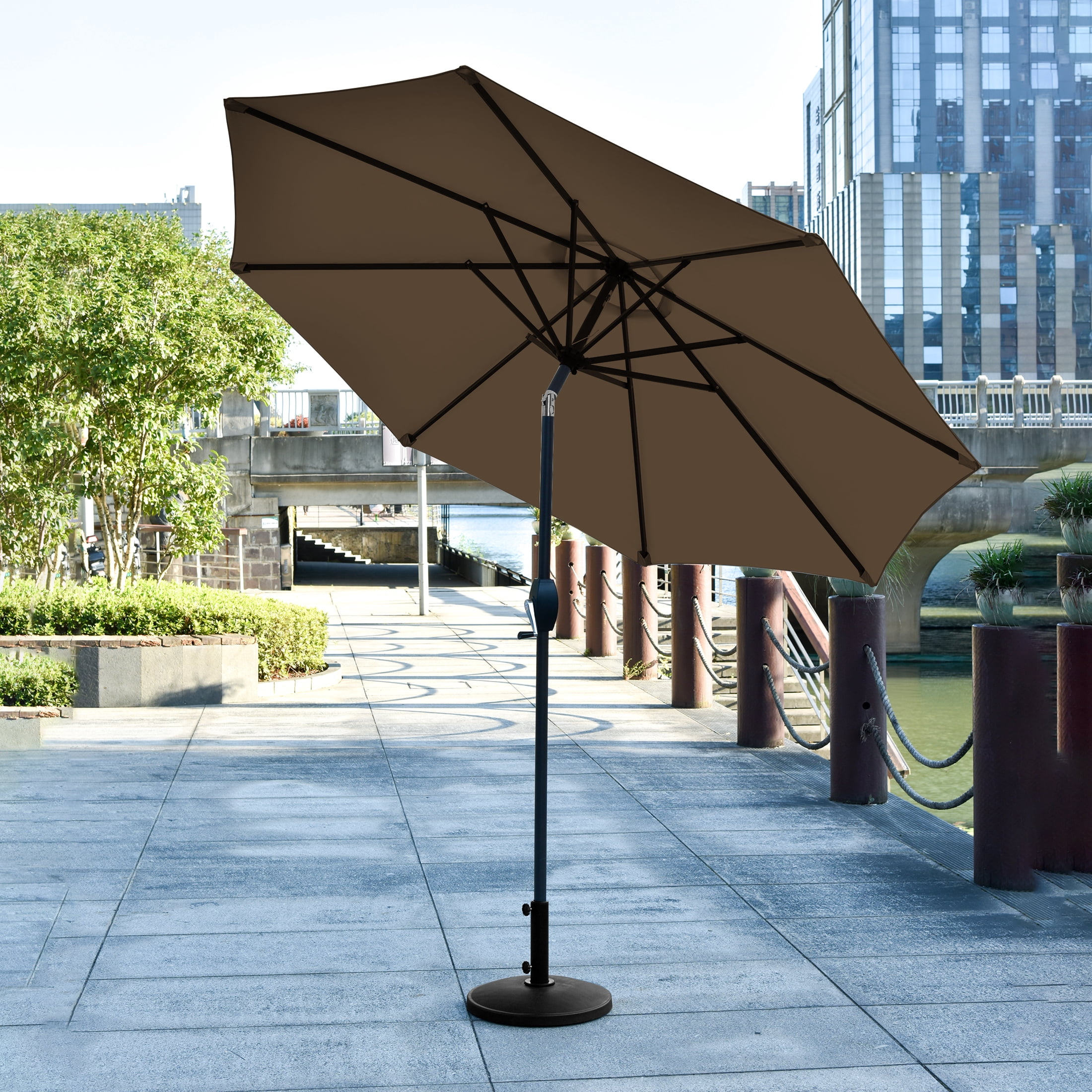 WestinTrends Paolo 9 Ft Patio Umbrella with Base Included, Market Table Umbrella with with 30 Pound Solid Round Concrete Base, Coffee