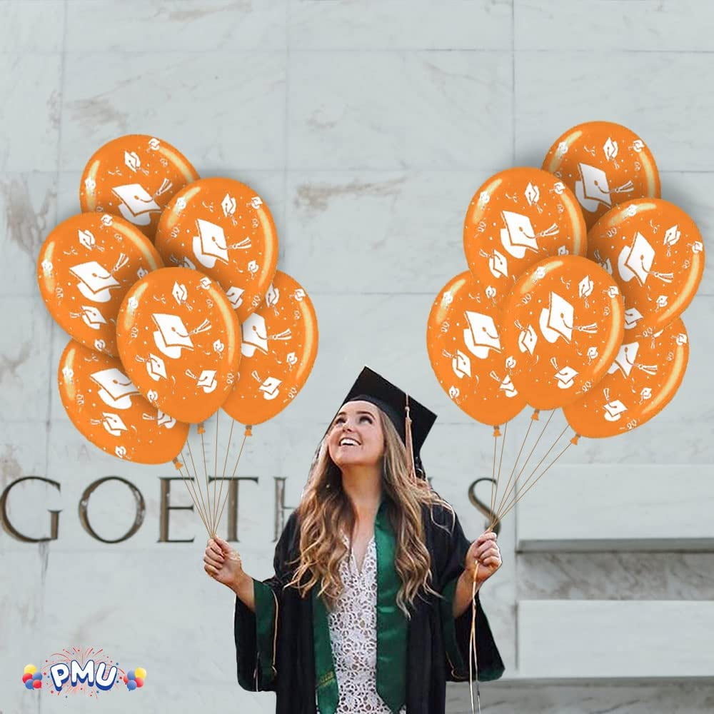 PMU 100 Pcs Graduation Balloons PartyTex 11 inch Premium Orange with All-Over Print White Grad Caps-Confetti and Streamers Graduation Party Decorations