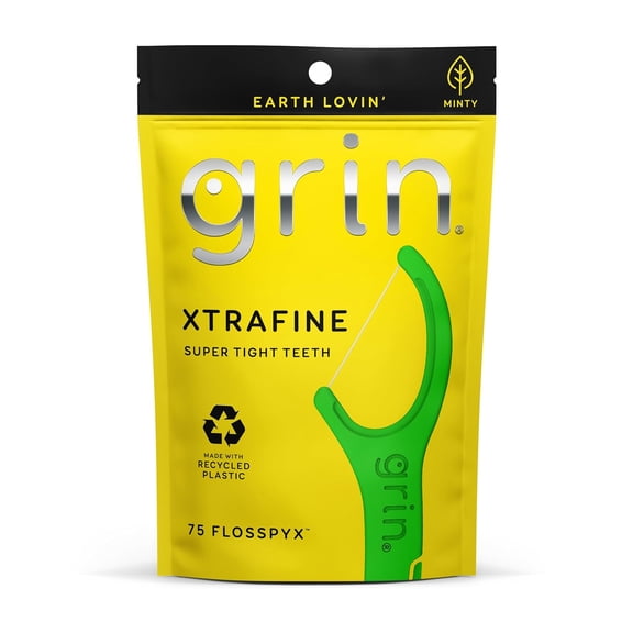 XtraFine Flosspyx, Floss Picks, 75 Count, Dental Flossers, Minty Flavor, Recycled Plastic, for Super Tight Teeth, Longer Floss Head, Slide Between Teeth, Includes Safe Soft Fold-Back Tooth Pick