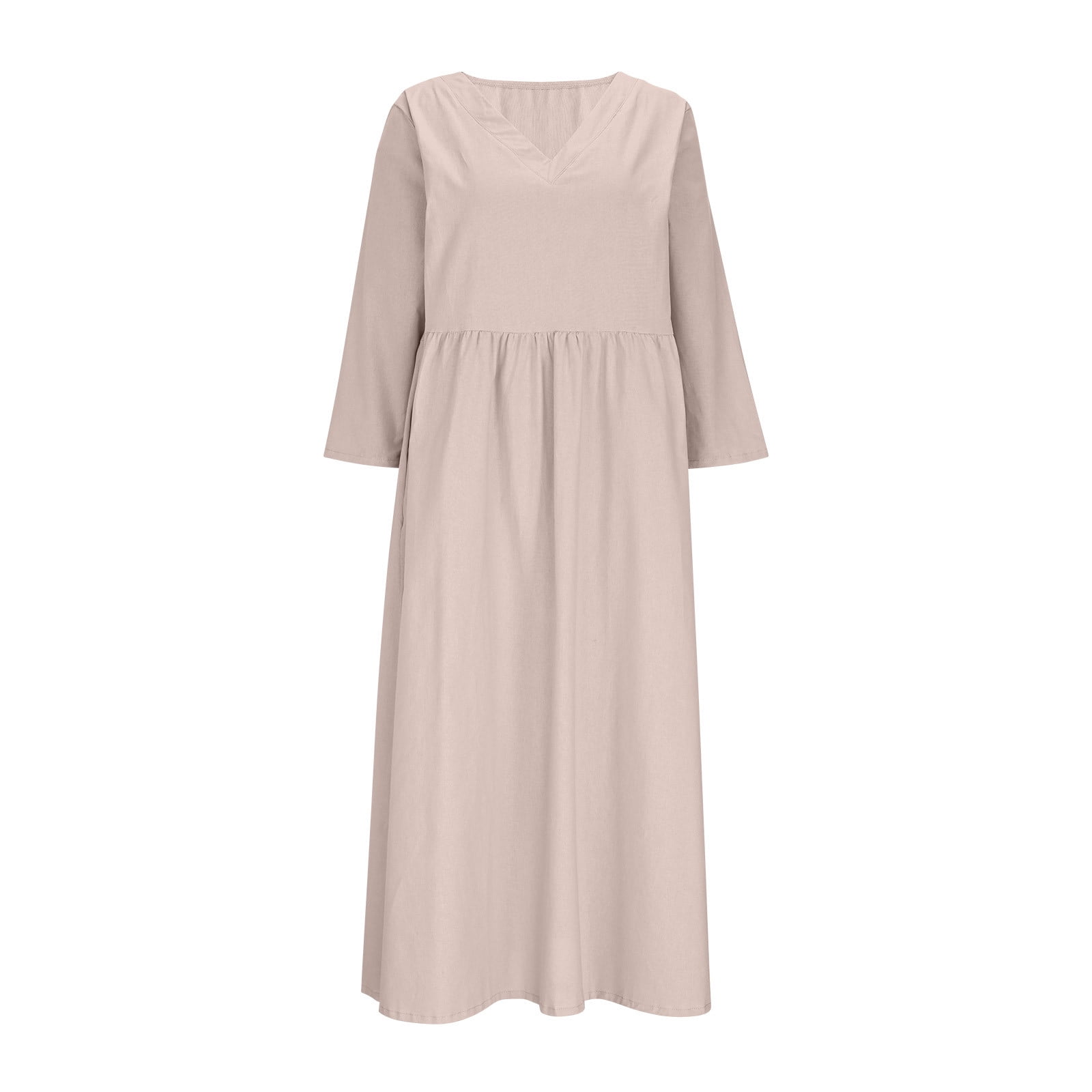 JGGSPWM Linen Dress Women V Neck Long 3/4 Sleeve Tunic Boho Maxi Dress Casual Spring and Autumn Plain Flowy Beach Vacation Dresses Pink S