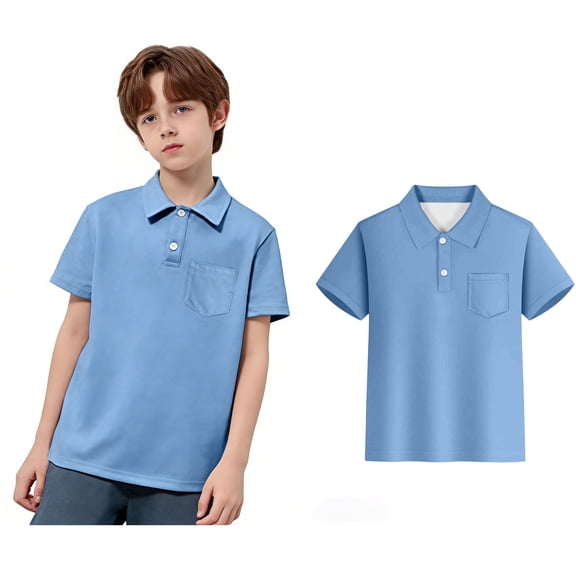 Polo Shirts for Boys Short Sleeves Kids Sky Blue Button down Shirt Casual Collared Shirt Uniform Shirts for Boys Boys Size 9-10 Years Clothes