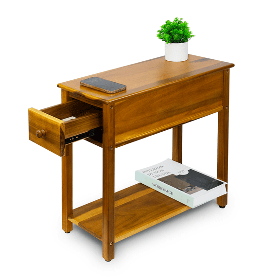 ENKEZI Narrow End Table with Drawer, Slim Acacia Wood Side Table for Small Spaces, Skinny Nightstand with Shelf for Bedroom Living Room, 23 x 10 x 24 Inch