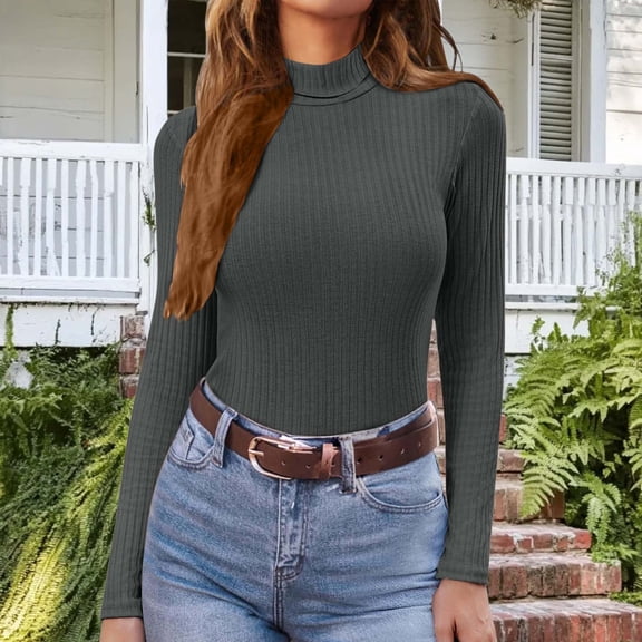 Womens Turtleneck Shirt Long Sleeve Shirts Ribbed Knit Slim Fit Top Fitted Basic Tees Gray XXL