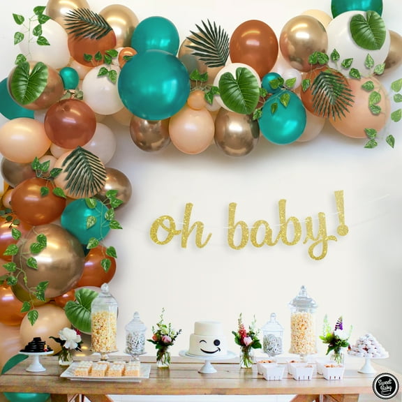 Sweet Baby Co. Woodland Baby Shower Decorations Greenery Garland Forest Animals Creatures Theme with Balloon Arch Kit, Oh Baby Sign, Leaf Vine, Neutral Party Supplies for Boy Girl Birthday Decor