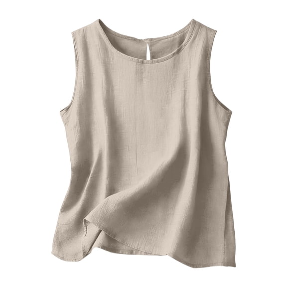 WEIWEN Linen Tank Tops for Women Summer Casual Oversized Camisole Crew Neck Sleeveless Linen Shirts 2026 Loose Fit Lightweight Gauze Blouses Beige, L