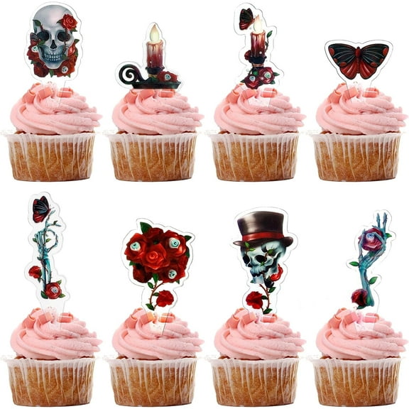 Cheerland Halloween Cupcake Toppers Rose Skull Muffin Decors, Red Black, 24pcs