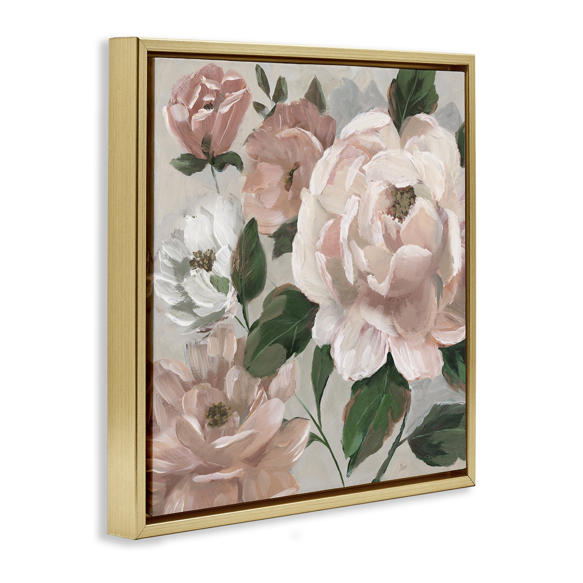 Stupell Industries Delicate Blush Peonies with Leaves Gold Framed Floater Canvas Wall Art, design by Nan