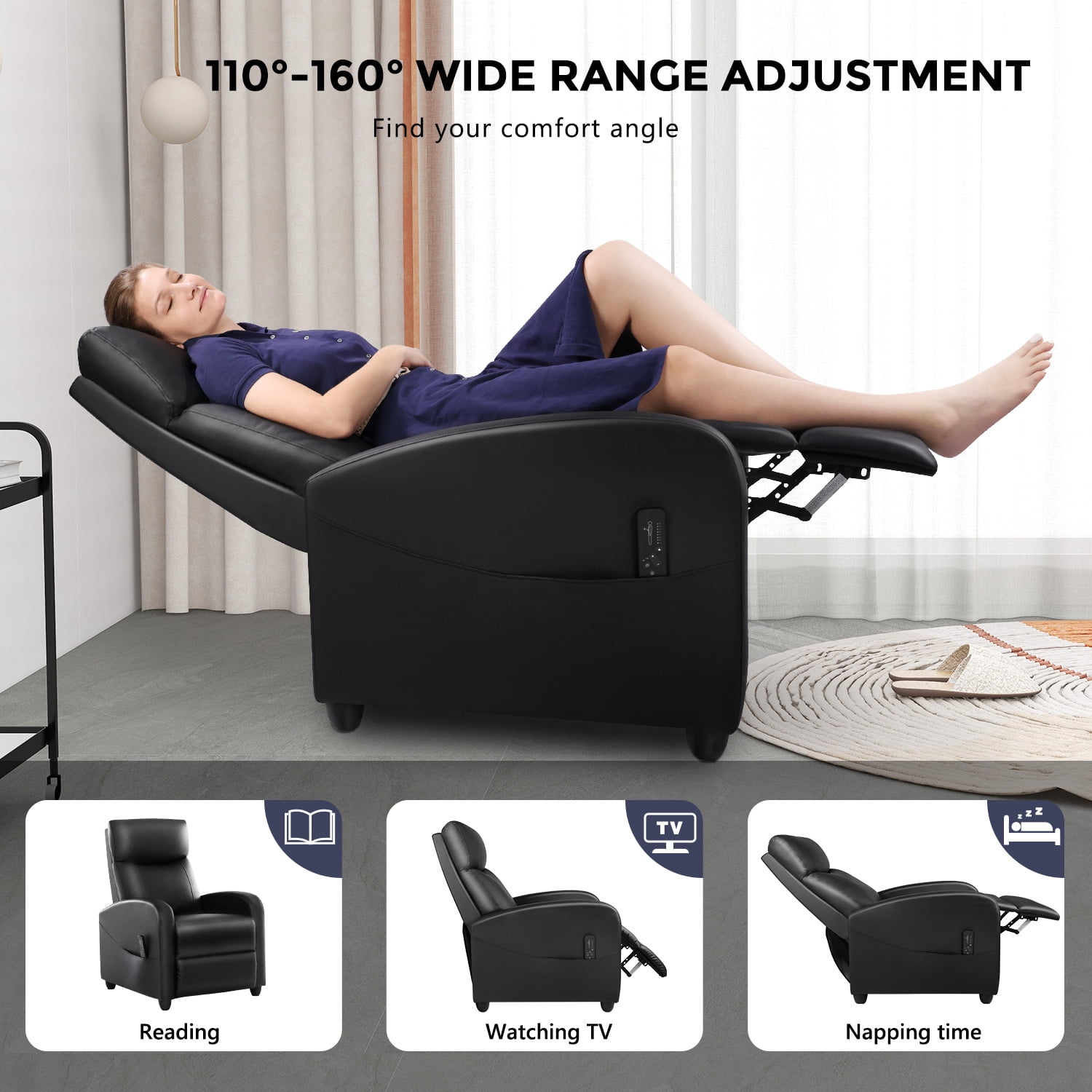 edx Recliner Chair with Massage, PU Leather Single Sofa with Padding Seat for Living Room Bedroom, Black