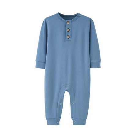 AJTQTH Cute Solid Romper for Toddler Long Sleeve Henley Neck Jumpsuit Button Closure Full Length Bodysuit Summer Casual Lightweight Comfy Cotton Outfits Clothes Blue 6 Months