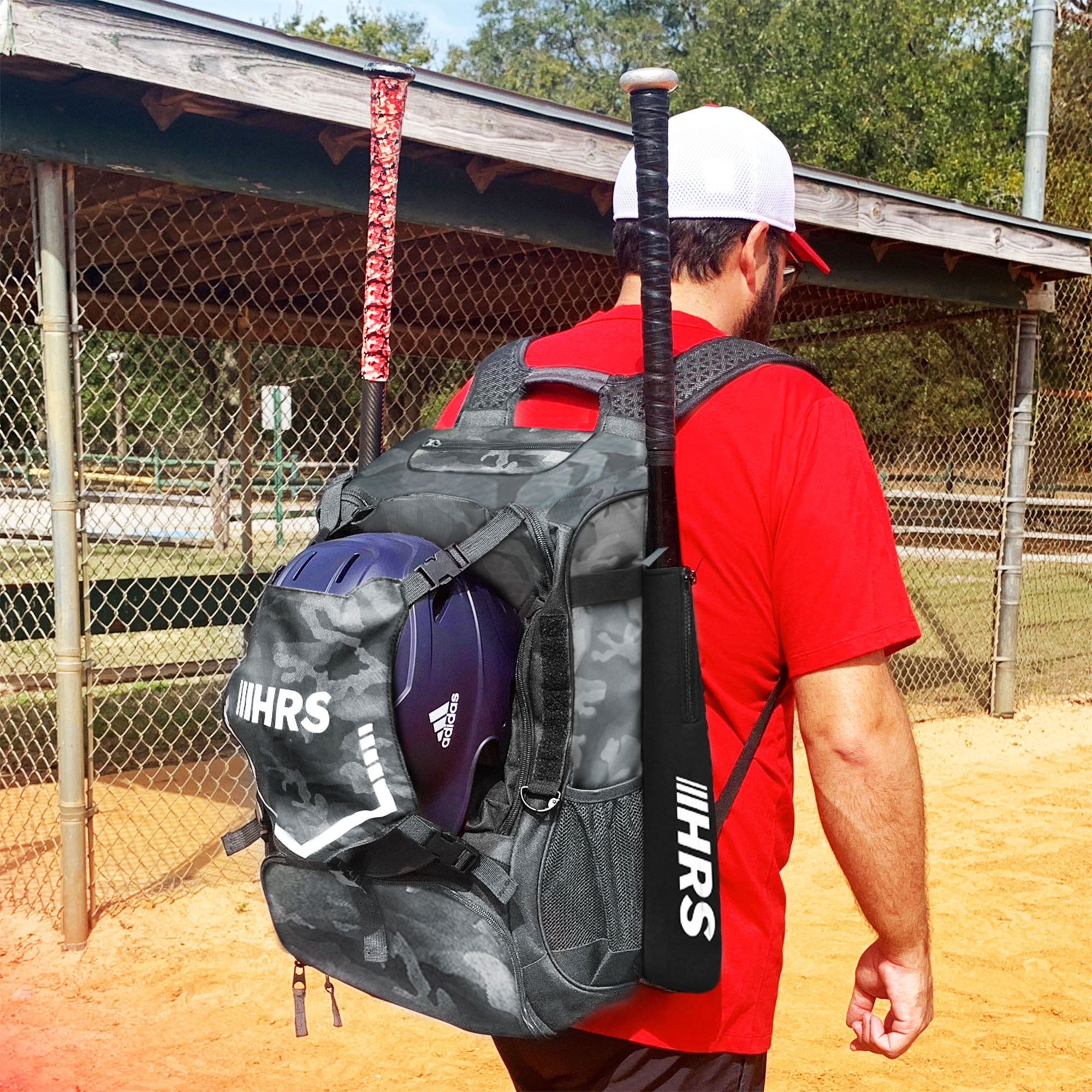 Hit Run Steal Bat Bag Backpack, Holds 4 Bats, Glove, and Helmet, Gray Camo