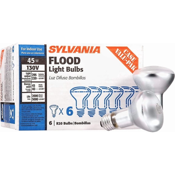 Incandescent R20 Flood Light Bulbs, 45W, 230 Lumens, 2850K, Warm White, Value Pack - 6 (15676)